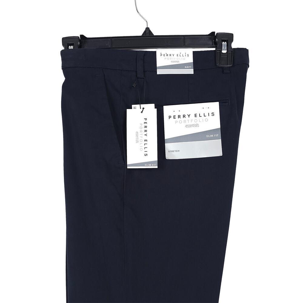 Perry Ellis Mens Slim Fit Chino Dress Pants 36x29 Dark Blue Solid Stretch Cotton